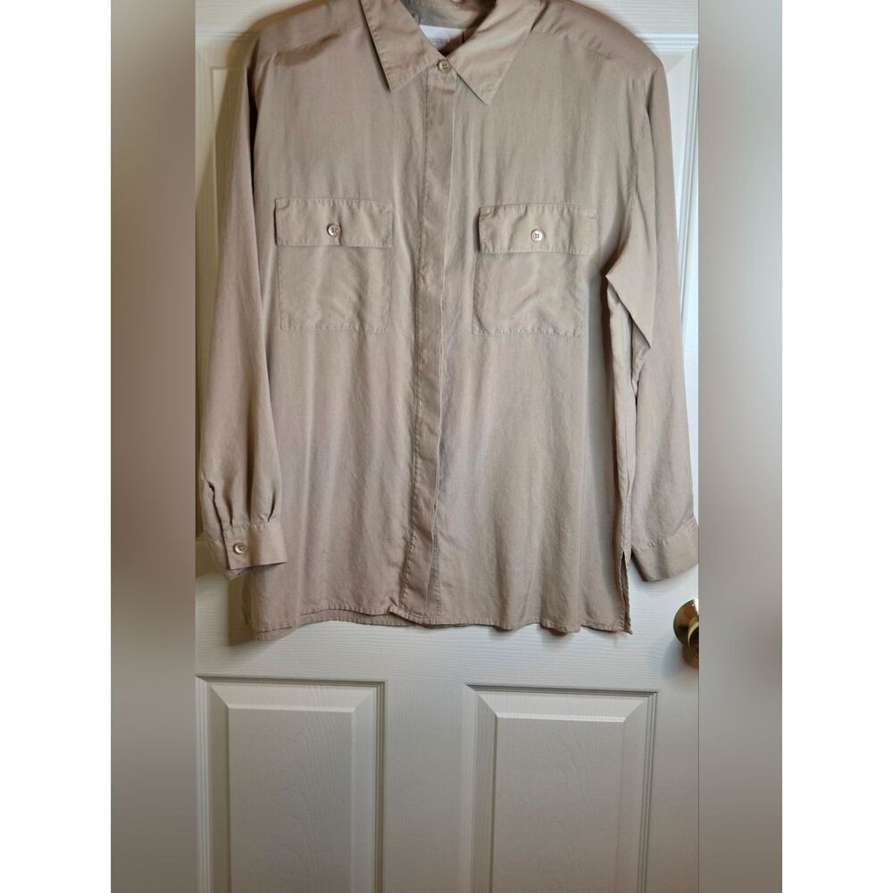 Vtg Christie&Jill 1X Beige 100% SILK Front Pockets Lslv Buttons Up Women Shirt